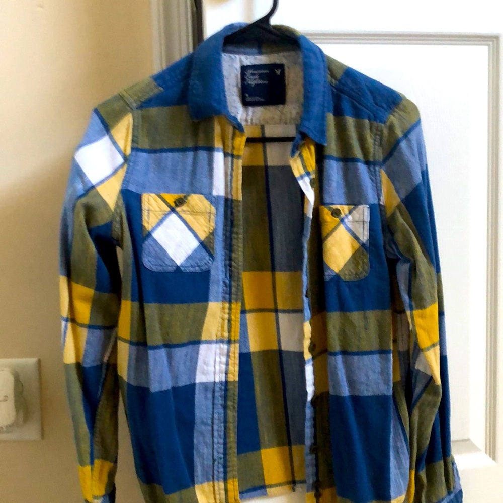 American Eagel Yellow and Blue Plaid Long Sleeve Shirt